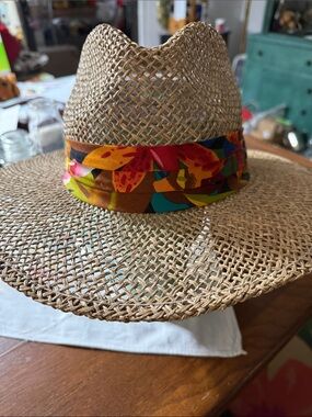 Vintage Original Panama Jack Straw Hat Beach Tropical Floral Headband Mens L